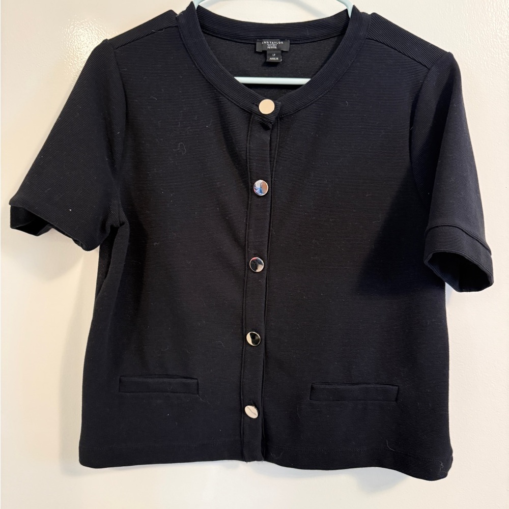LOFT short sleeve cardigan button up blouse top in black